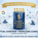 2026 Ad Fraud Statistics infographic showing $100B global losses with risk analysis for Google Ads, Meta Audience Network, and Microsoft Bing Search Partners.