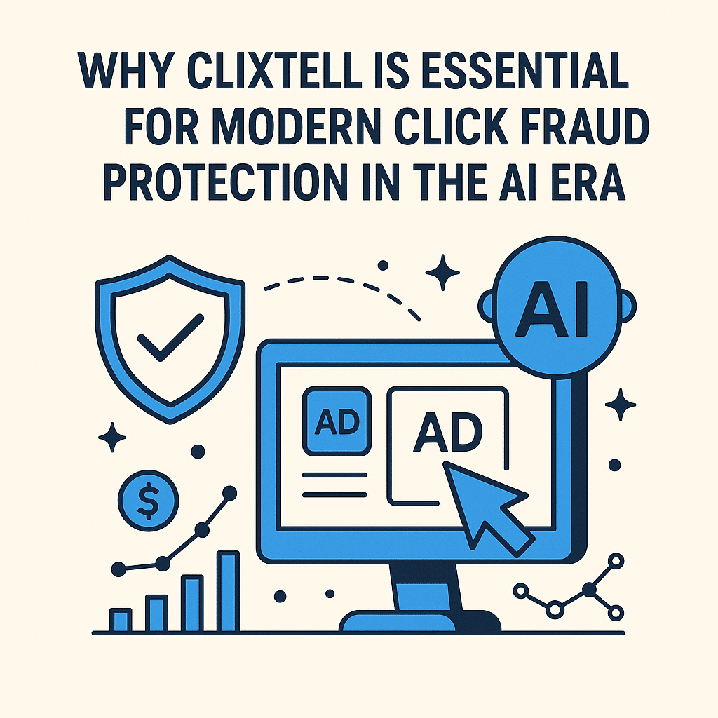 AI protecting online ads from bots and fake clicks, illustrating click fraud protection and secure ad campaigns.