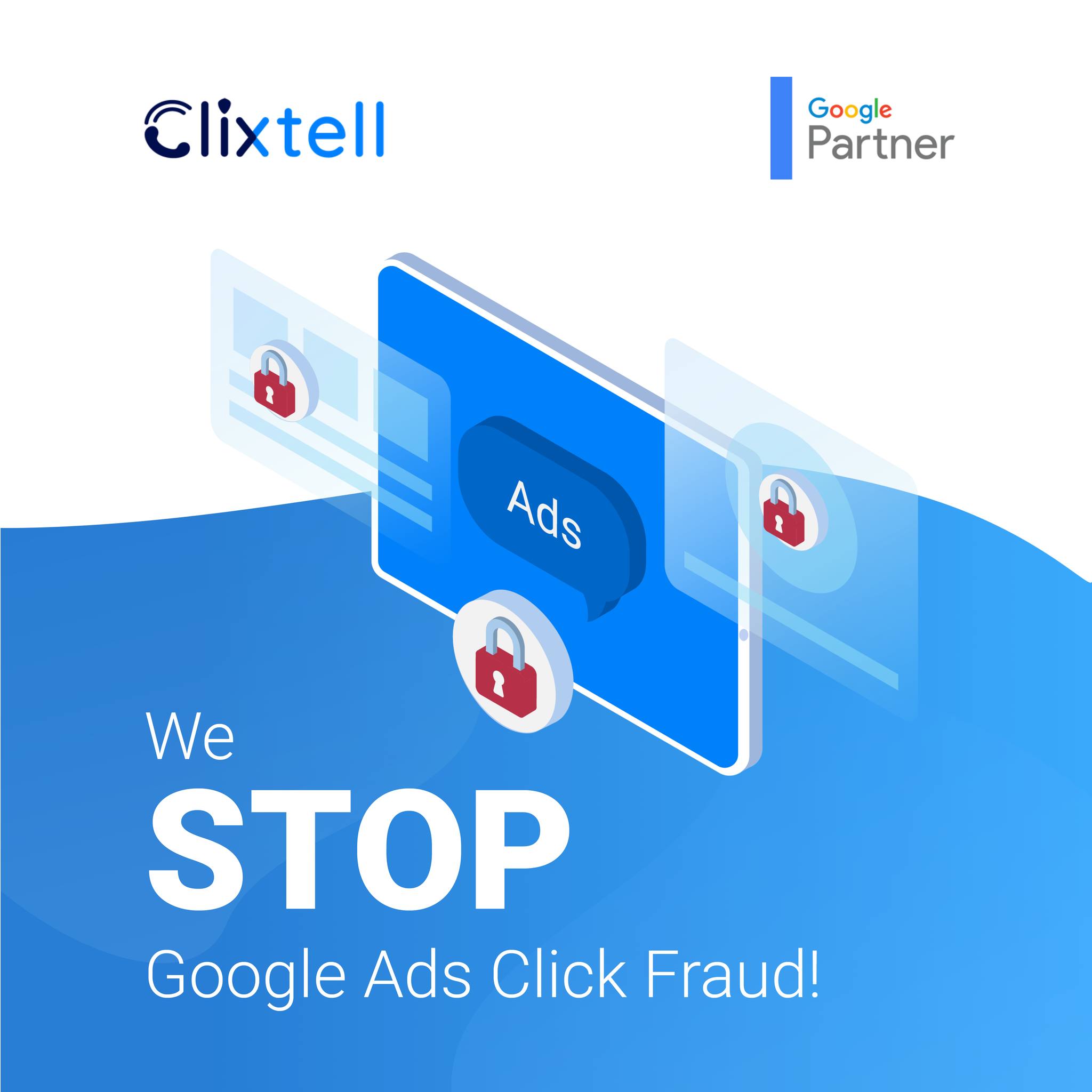 Image of a stop sign with the words 'We stop Google Ads click fraud'