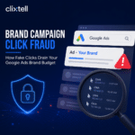 Brand campaign click fraud detection in Google Ads with warning alert, click log, and protection shield.