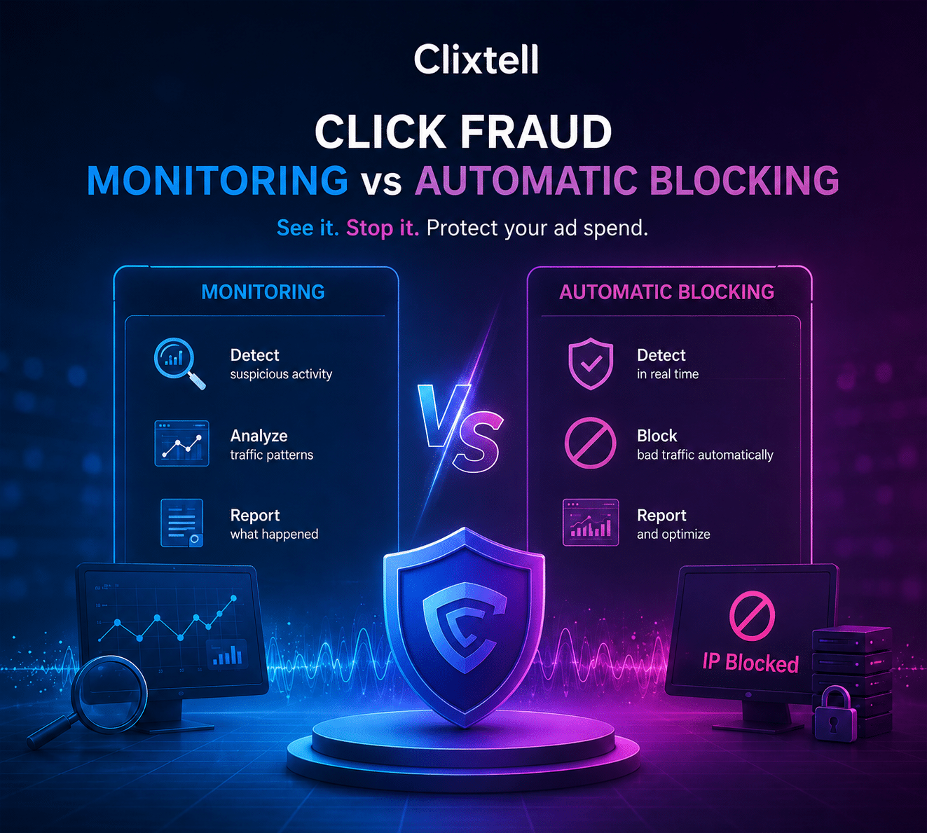 Click fraud monitoring compared with automatic blocking for PPC campaigns
