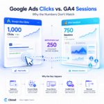 Google Ads clicks compared with GA4 sessions, showing a reporting gap between 1,000 paid clicks and 750 website sessions.