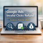 Laptop screen showing an evidence pack checklist for a Google Ads invalid clicks refund request