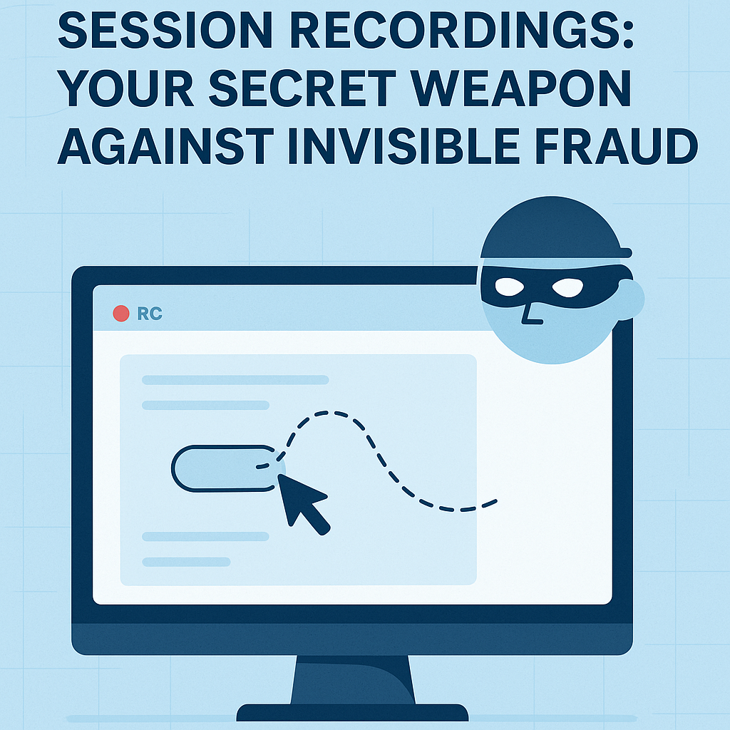 Flat-design illustration showing a session playback tool used to detect fraudulent user activity on a website.