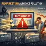 Retargeting audience pollution infographic showing fake traffic from bots, click farms, and VPN proxies inflating remarketing audiences and wasting ad spend