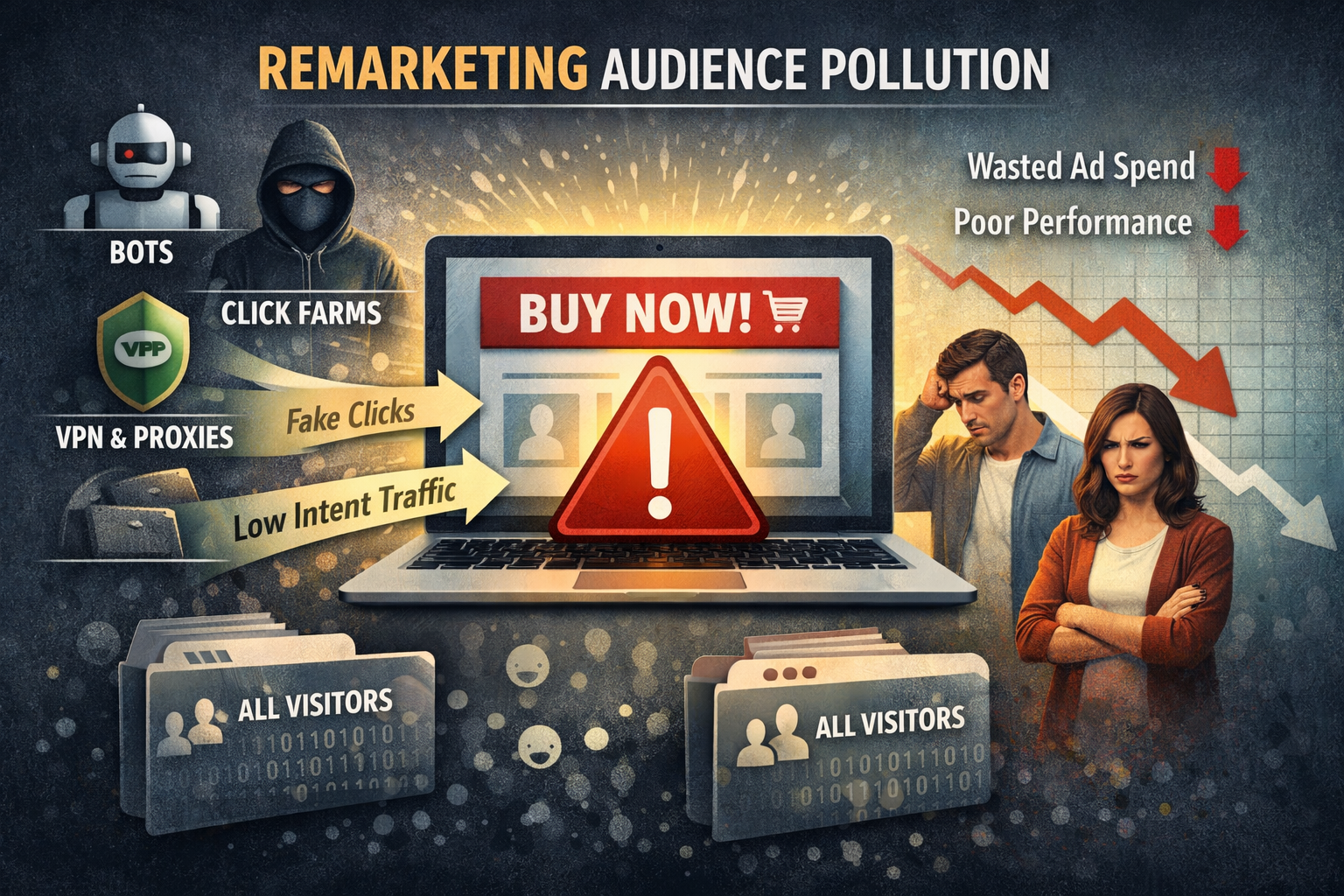 Retargeting audience pollution infographic showing fake traffic inflating remarketing audiences and wasting ad spend