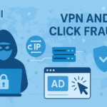 VPN click fraud detection hero with rotating IP nodes and shield, Clixtell
