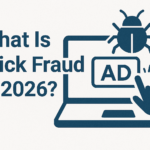 What is click fraud in 2026 graphic showing a Clixtell style PPC dashboard with highlighted fake clicks and a security shield icon.